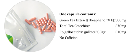 One capsule contains:Green Tea Extract(Theaphenon® E):300mg/Total Tea Catechins:270mg/Epigallocatehin gallate(EGCg):210mg/No Caffeine